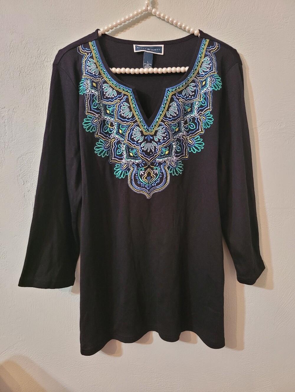 Karen Scott Unique Embroired Design Cotton Blend Tunic Top Size Large!